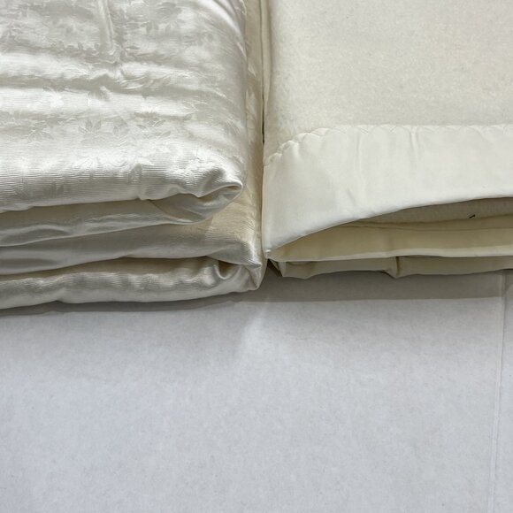 Vintage Fleece‎ Satin Trim Baby Blanket Ivory Thermal Set Of 2 - Picture 6 of 11